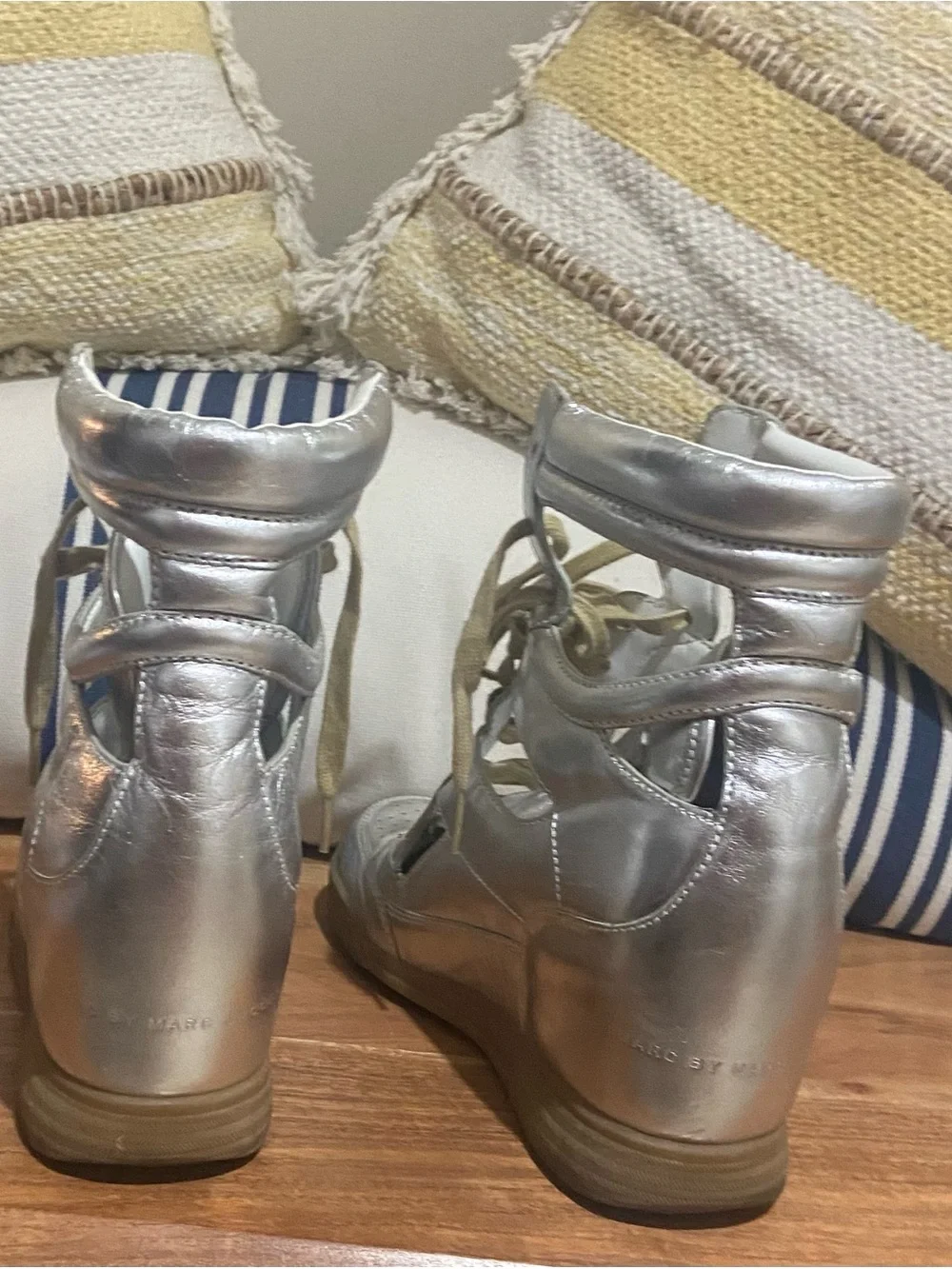 Marc by Marc Jacobs Silver Metallic Wedge Sneaker Boots with Tan Laces Size 40